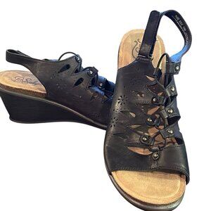 PureSole Black Leather Natalie Ghillie Lace Wedge Sandal 10